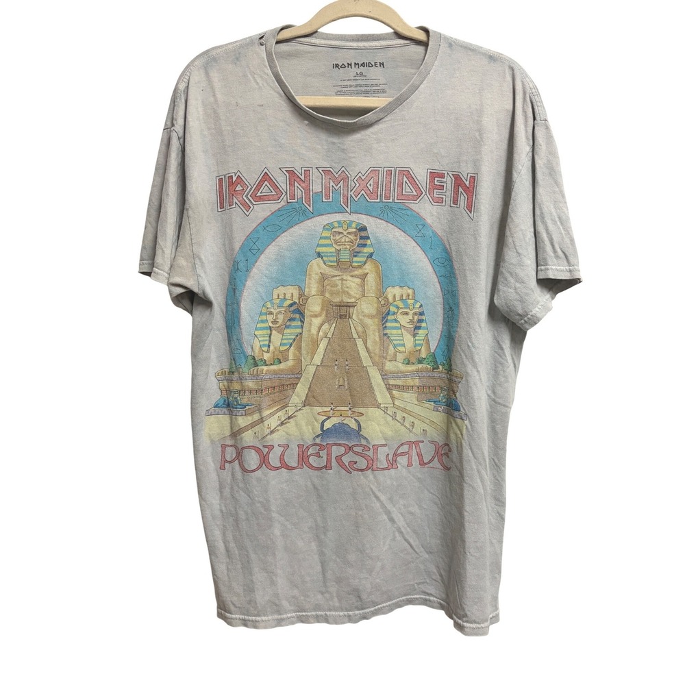Iron Maiden Powerslave Graphic Tee Rock Band Gray Distressed Short Sleeve Size L